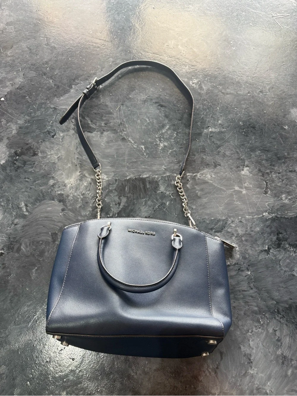 Michael Kors Navy Blue Leather Satchel with Chain Strap